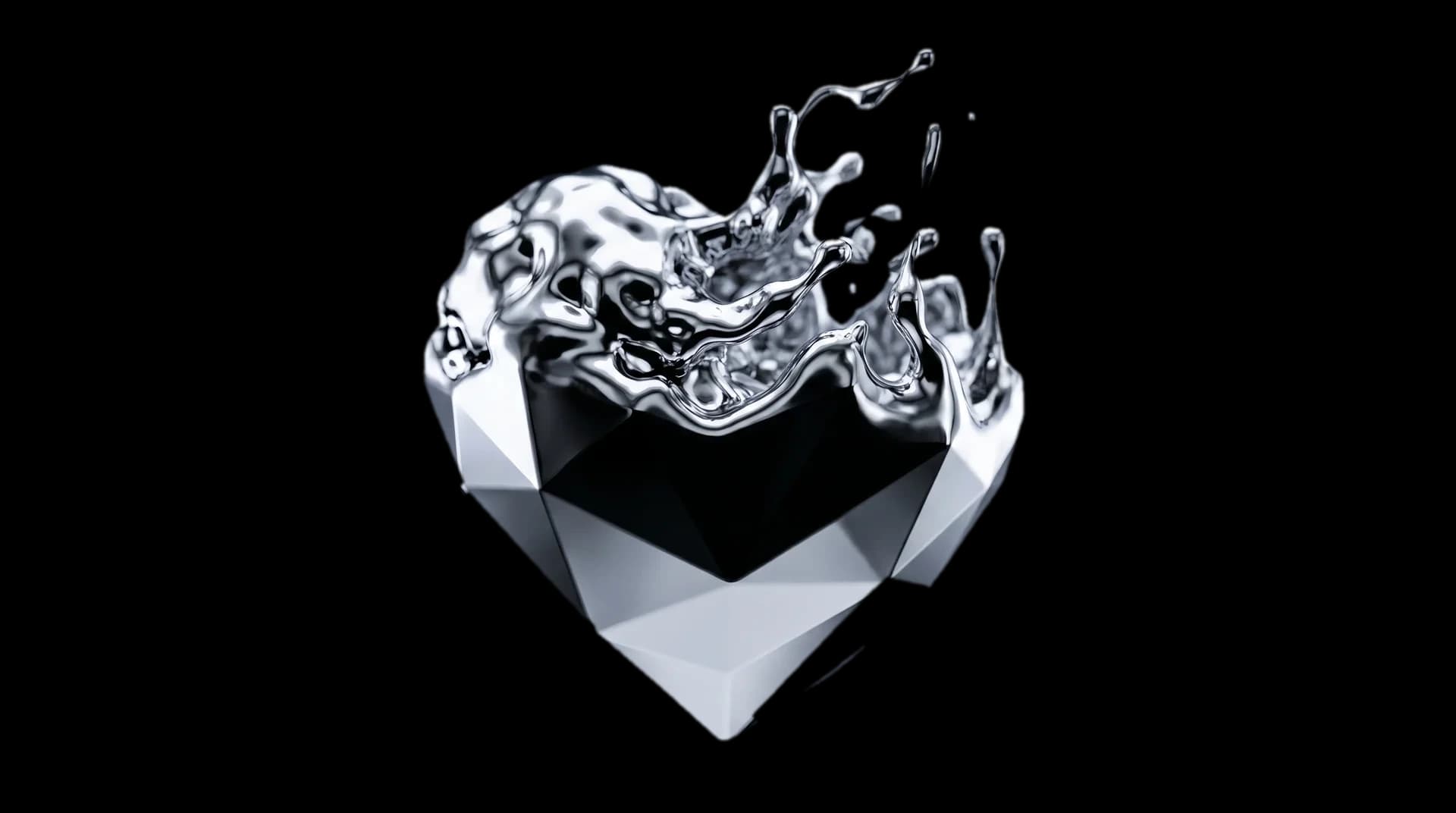 Liquid mercury splashing across a faceted heart — the form taking shape